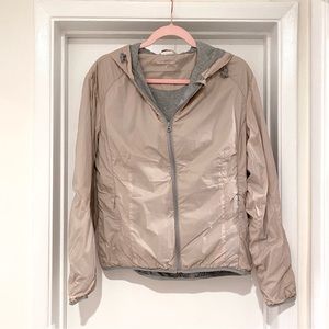 MEMBERS ONLY Packable Zip Up Windbreaker Jacket w/ Hood, Lined - Gray & Pink